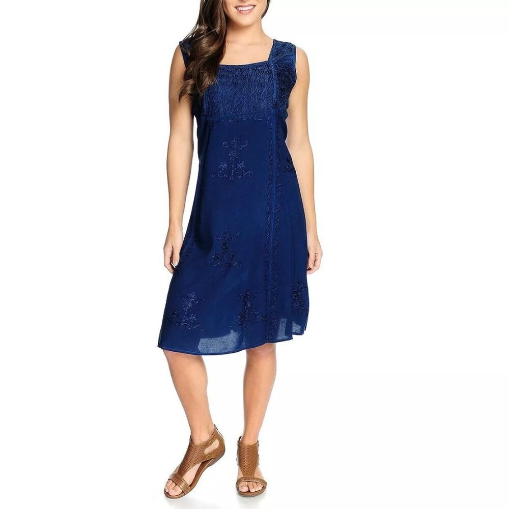 OSO Casuals Woven Sleeveless Shirred Back Embroidered Navy Dress, Size M